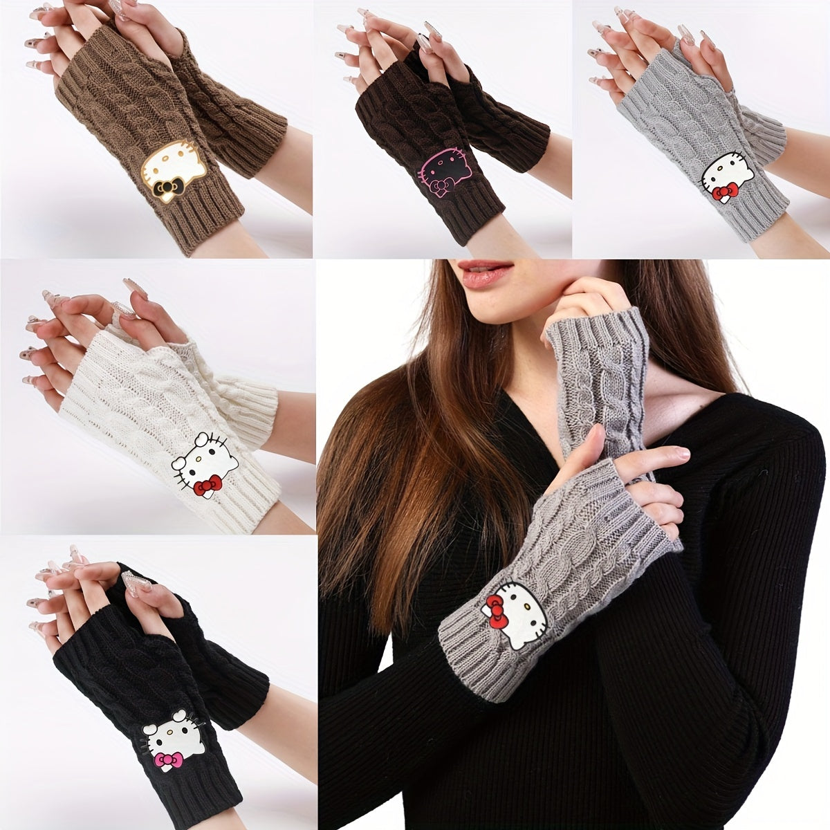 1pc of Sanrio Hello Kitty Cartoon Fashion Pvc Soft Rubber Big Head Decoration Autumn And Winter Leisure Knitting Open Finger Cuff Linen Pattern Short Gloves for Women to Work Cycling Interlocking Warm Wrist Gloves for Women C